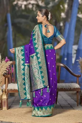 banarasi woven purple and turquoise blue saree with heavy jacquard work