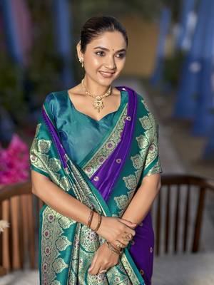 banarasi woven purple and turquoise blue saree with heavy jacquard work 4