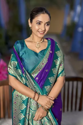 banarasi woven purple and turquoise blue saree with heavy jacquard work