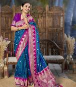 banarasi woven blue and pink saree with heavy jacquard work