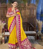banarasi woven yellow and pink saree with heavy jacquard work
