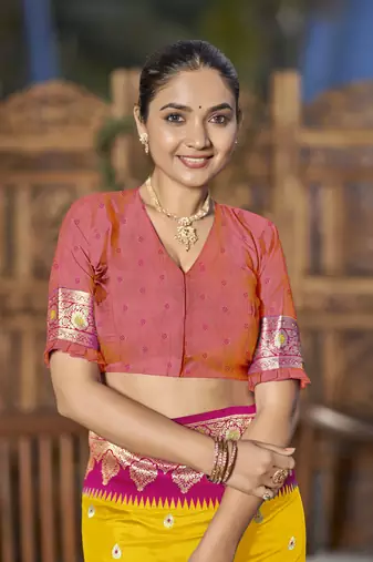 banarasi woven yellow and pink saree with heavy jacquard work