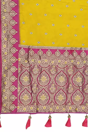 banarasi woven yellow and pink saree with heavy jacquard work