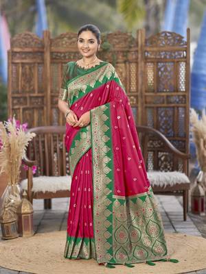 banarasi woven pink and green saree with heavy jacquard work  1