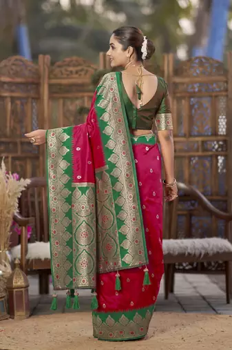 banarasi woven pink and green saree with heavy jacquard work 