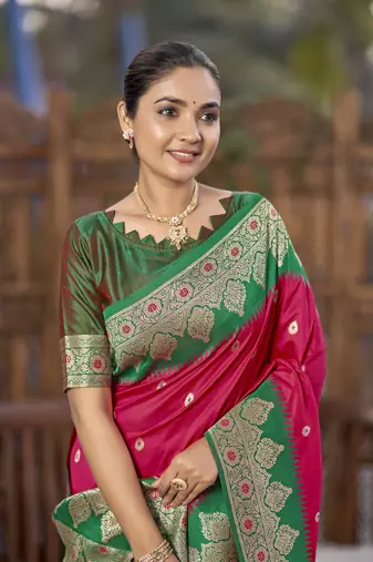 banarasi woven pink and green saree with heavy jacquard work 