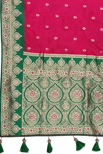 banarasi woven pink and green saree with heavy jacquard work 