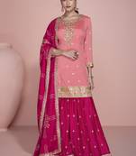 Peach premium chinon silk embroidered sharara suit