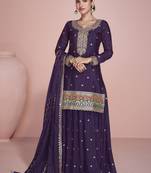 Purple premium chinon silk embroidered sharara suit
