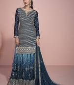 Blue premium chinon silk embroidered sharara suit