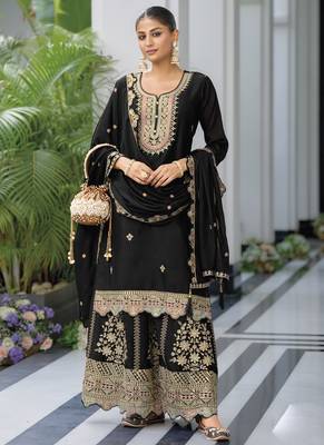 Black chinon silk embroidered Palazzo suit 1