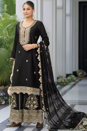Black chinon silk embroidered Palazzo suit