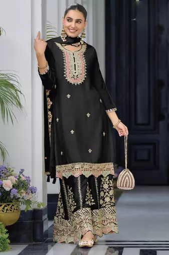 Black chinon silk embroidered Palazzo suit