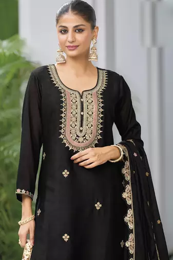 Black chinon silk embroidered Palazzo suit