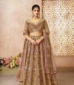 trending Mocha/Coffee color Aari embroidered banarasi lehenga for Brides