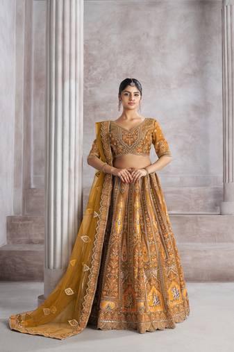 Earthy Mustard Color bridal lehenga with Patch and aari -Work  Semi Stitched Lehenga Choli