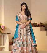 Powder blue Position print Jaal Patterned party wear lehengas with Sequin & Aari Work