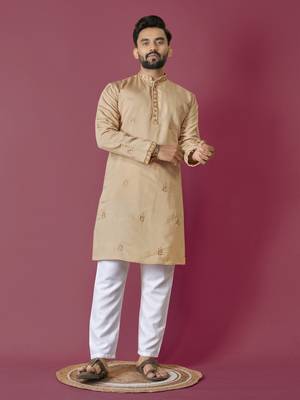 Beige roman silk val-moti hand work with cotton inner kurta pajama set 1