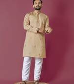 Beige roman silk val-moti hand work with cotton inner kurta pajama set
