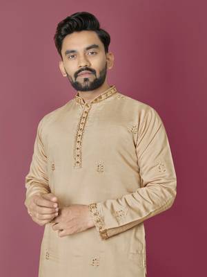 Beige roman silk val-moti hand work with cotton inner kurta pajama set 2