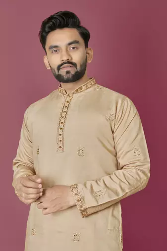 Beige roman silk val-moti hand work with cotton inner kurta pajama set