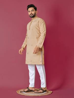 Beige roman silk val-moti hand work with cotton inner kurta pajama set 3