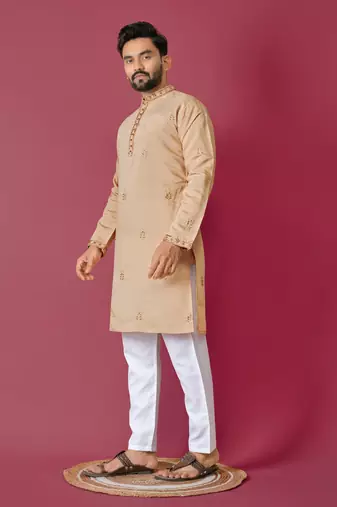 Beige roman silk val-moti hand work with cotton inner kurta pajama set