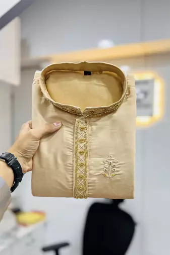 Beige roman silk val-moti hand work with cotton inner kurta pajama set