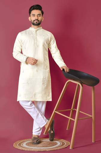 Cream roman silk val-moti hand work with cotton inner kurta pajama set