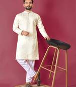 Cream roman silk val-moti hand work with cotton inner kurta pajama set