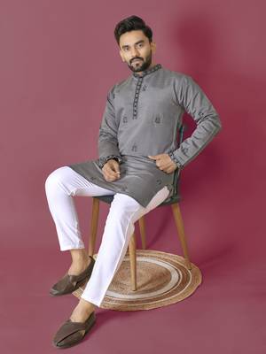 Grey roman silk val-moti hand work with cotton inner kurta pajama set 1