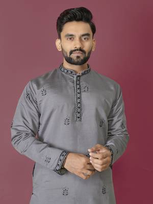 Grey roman silk val-moti hand work with cotton inner kurta pajama set 2