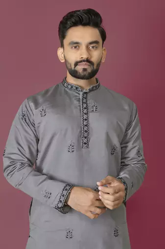 Grey roman silk val-moti hand work with cotton inner kurta pajama set