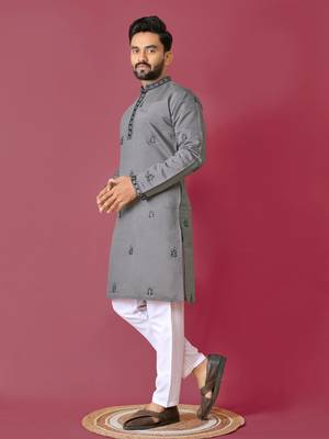 Grey roman silk val-moti hand work with cotton inner kurta pajama set 3