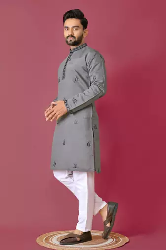 Grey roman silk val-moti hand work with cotton inner kurta pajama set