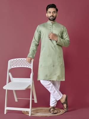 Pista roman silk val-moti hand work with cotton inner kurta pajama set 1