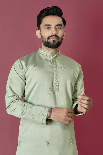 Pista roman silk val-moti hand work with cotton inner kurta pajama set