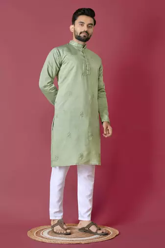 Pista roman silk val-moti hand work with cotton inner kurta pajama set