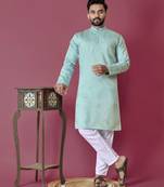 Sky blue roman silk val-moti hand work with cotton inner kurta pajama set
