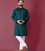Teal roman silk val-moti hand work with cotton inner kurta pajama set