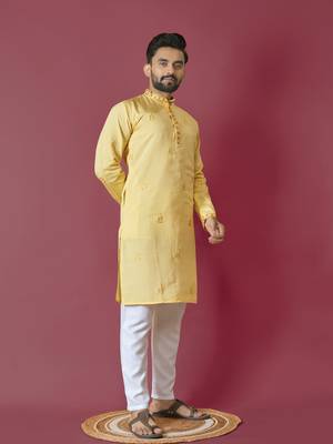 Yellow roman silk val-moti hand work with cotton inner kurta pajama set 1