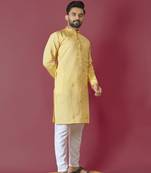 Yellow roman silk val-moti hand work with cotton inner kurta pajama set