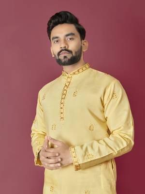 Yellow roman silk val-moti hand work with cotton inner kurta pajama set 2
