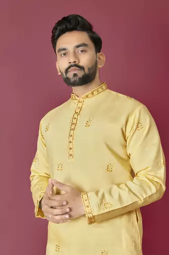 Yellow roman silk val-moti hand work with cotton inner kurta pajama set