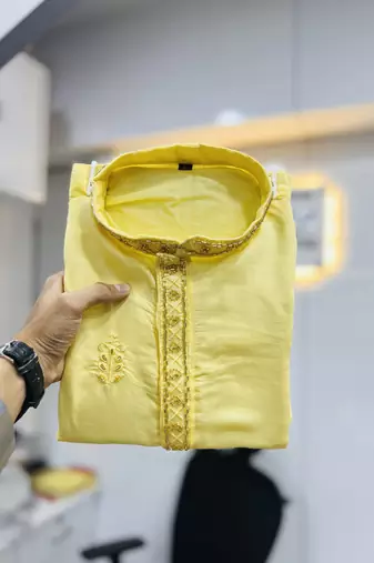 Yellow roman silk val-moti hand work with cotton inner kurta pajama set