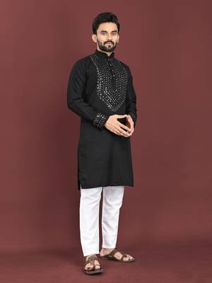 Black soft silk real mirror handwork on neck & sleeve kurta pajama set 1