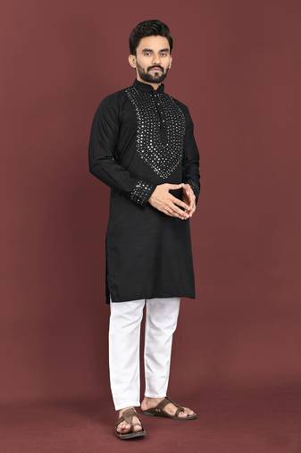 Black soft silk real mirror handwork on neck & sleeve kurta pajama set