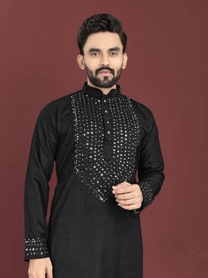 Black soft silk real mirror handwork on neck & sleeve kurta pajama set 2