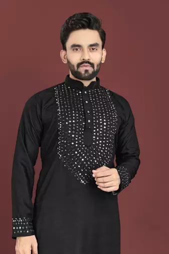 Black soft silk real mirror handwork on neck & sleeve kurta pajama set