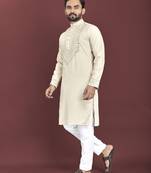 Cream soft silk real mirror handwork on neck & sleeve kurta pajama set